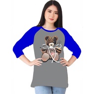 Women's 3 Sleeve T-Shirt/4 Screen Print Bear Shoelaces M81/ T-Shirt Tops Raglan T-Shirt 3 Sleeve/4 /