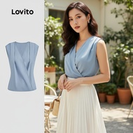 Lovito Elegant Top Pleated Spring/summer Gray Blue Top for Women L142ED340 Lovito Atasan Rapi Berkep
