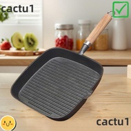 CACTU Cast Iron Skillet, Non-Stick Surface Wooden Handle Steak Pan, Premium Square Design Uncoated C