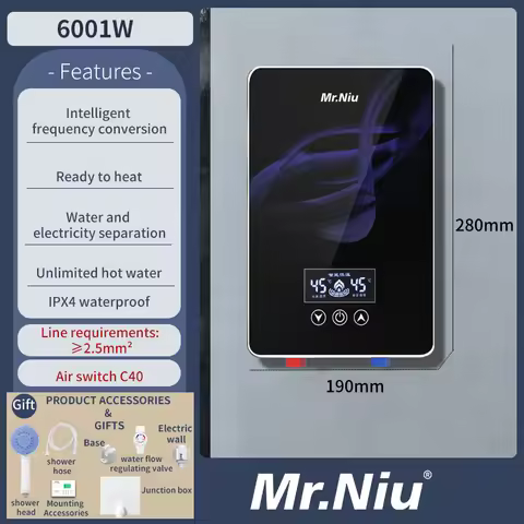 Instant Electric Water Heater Shower Bathroom On Demand Hot Water 220-240V 6001W LED Digital Display