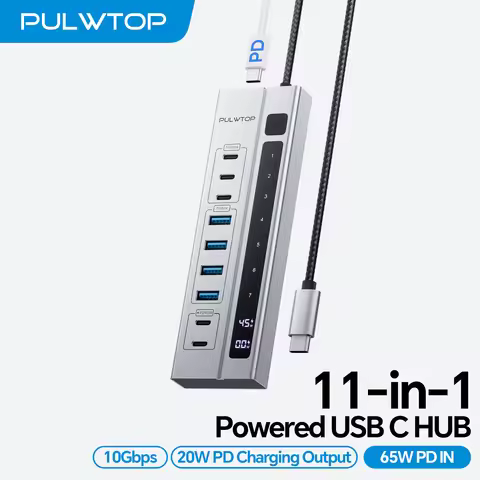 PULWTOP 9 in 1 Powered USB C Hub with 65W PD Adapter, USB-C 10Gbps, USB-A 5Gbps, 24/45W Type-C PD Po