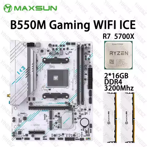 MAXSUN B550M Motherboard Set AMD R7 5700X 2*16GB DDR4 3200Mhz USB3.1 PCIE 4.0 AM4 ARGB WIFI5 BT4.2 B