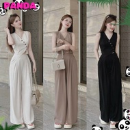 (Panda-S) Set Đồ Bộ Áo gile Sát Nách nút Xéo Phối Quần Dài Ống Rộng Xếp Ly Phong Cách Đơn Giản Có S