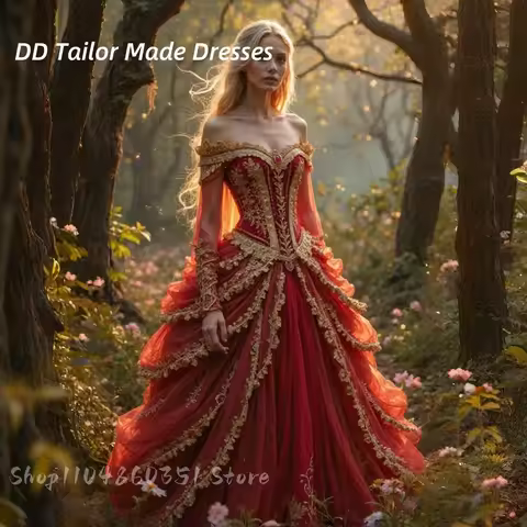 Vintgae Red With Gold Wedding Dress Historical Medieval Corset Bridal Gown Golden Lace Appliques Ruc