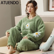 ATUENDO Winter Warm Green Silk Pajama Sets for Women 100% Velvet Atoff Home Flannel Sleepwear Fashio