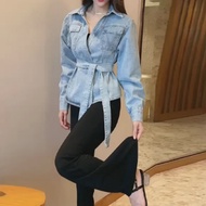 Retro DENIM แจ็คเก็ตผู้หญิงเอว-Cinching Slimming Unique Stylish สั้นผ้าฝ้ายจีนแหล่งกําเนิดสินค้าแฟชั