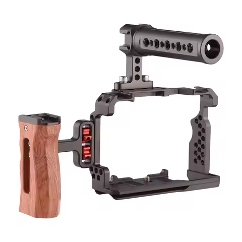 Andoer Aluminum Alloy Camera Cage Kit with Video Rig Top Handle Wooden Grip Replacement for Sony A7R