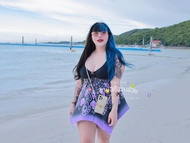 ทูพีชกระโปรงดำลายม่วงผูกคอ (ฟ500/501/502/503/504) (สินค้าพร้อมส่ง)