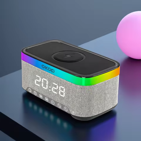OKOP Bluetooth Speaker, Wireless Charging Clock Alarm Clock RGB Ambient Light White Noise Desktop Sp