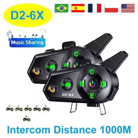 2024 New D2-6X Motorcycle Helmet Bluetooth Headset 6 People Switching Intercom Distance 1000 MetersM
