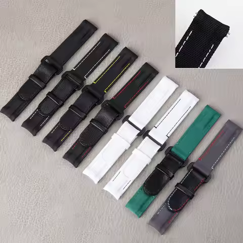 20mm Curved End Two Spring Bar Adjustable Nylon Fabric Leather Black White Watch Band For Rolex Stra