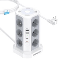 12 Way Power Socket Tower with Night Light, 2 USB A and 2 USB C ports, Multi Socket Surge Protector,