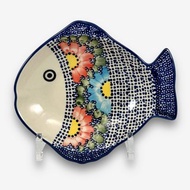 波蘭手繪手工陶-魚型盤 19cm 橘藍大花系列 設計師款