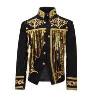 Steampunk Men's Jacket DJ Dancer Ternos White Men Costumes Clothing Black and Gold Blazer with Sequin Tassels for Performer