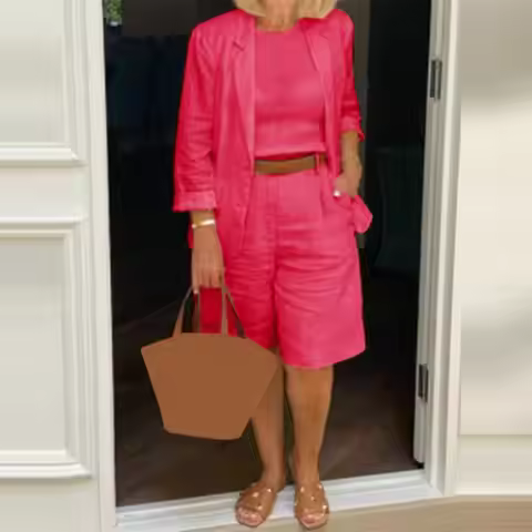 Cotton Linen Temperament Blazer Shorts Women's Blazer Suit 2 Piece Set Elastic Waist Thin Female Bla