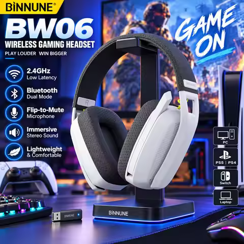 BINNUNE BW06 Bluetooth Headsets Gamer with Mic for PS5 PS4 PC Mac Playstation Wireless 2.4GHz Gaming