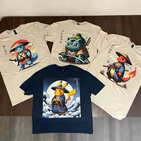 Pokemon Anime Cotton Graphic Tee Short Sleeve T-Shirt Unisex Samurai Squirtle Pikachu Print Summer 2