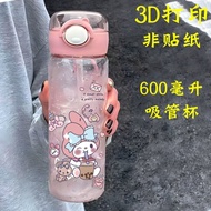 Elsa Kuromi Melody Kids Straw Water Cup Leakproof Shatterproof Cartoon Plastic Water Bottle 600ml