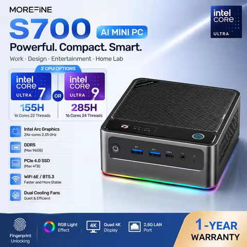 S700 AI Mini PC Intel Core Ultra 7 155H / Ultra 9 285H DDR5 NVMe PCIe 4.0 WiFi 6E BT5.3 Dual Cooling