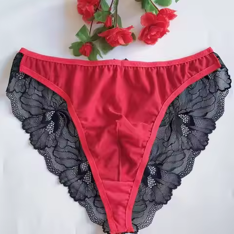 Man's Red Lace Half Sheer Hip BF Briefs Live Show Dance DJ Club Bar Private FKK Party Harajuku Thai