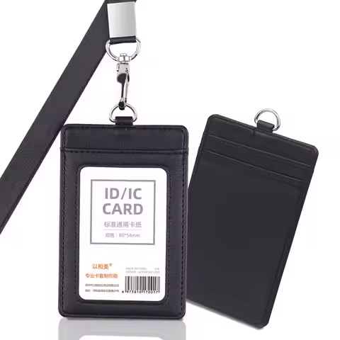 Lanyard Card Holder PU Leather ID Badge Holder Business Credentials Holder Simple Desk Organizer Lan