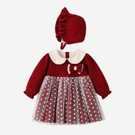 Baby Girl Contrast Dobby Mesh Bow Front Flounce Sleeve Dress With Hat