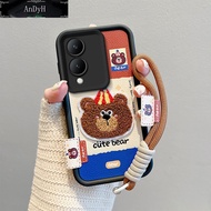 Cartoon Cute Plush Embroidery Case for VIVO Y17S with Lanyard Soft Silicone Shockproof Phone Cover f