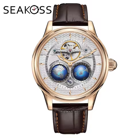 SEAKOSS Automatic World Time Men's Watch 3D Rotating Dual Globe North South Pole 5ATM Waterproof 196