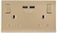 British General Neo Slimline, 13A, 2 Gang Switched Socket, 2 x USB A (3.1A) 15Amp, Champagne, Safety Mark, Local Seller Warranty
