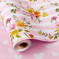 Burymento Pink Striped Flower Wrapping Paper, Reversible Pink Love Design Gift Wrap for Baby Shower,