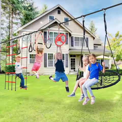 50 ft Ninja Warrior Obstacle Course for Kids with Tree Swing, Portable Slackline Swing Set with Weat