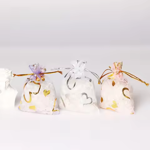 50pcs 7*9/9*12cm Small Organza Bag Wedding Decoration Charms Jewelry Packaging Bags Drawstring Heart