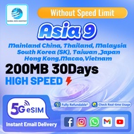 Asia 9 eSIM Ultra 5G  Support physical sim 200MB 30 Days Data card|Instant Email Delivery|5G High Sp