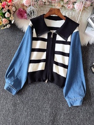 Naval ปกเสื้อ บุคลิกภาพ Splicing ปลอมสองชิ้น เสื้อสเวตเตอร์ถัก ฤดูใบไม้ร่วง เวอร์ชั่นเกาหลี Color Bl