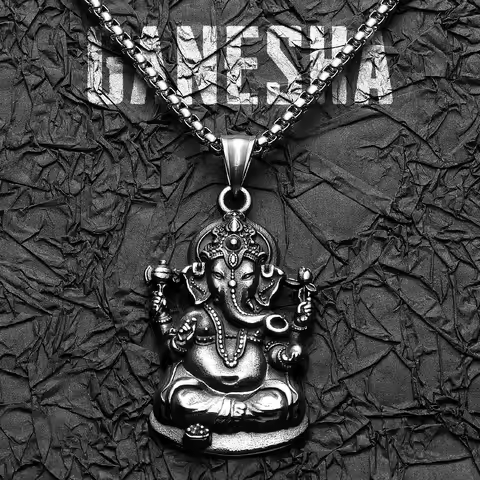 Hinduism Ganesha Stainless Steel Men Necklaces Pendant Chain Powerful Amulet Punk Rock Vintage For W