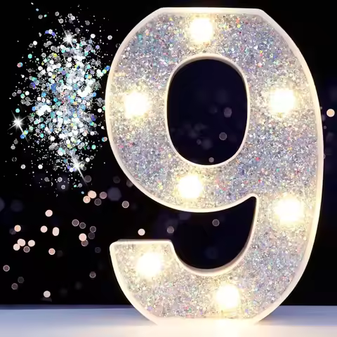 Marquee Numbers Lights, 9th Birthday Decoration Light up Numbers, Glitter Silver Night Light Battery