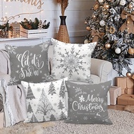 4pcs Christmas Theme Gray Pillow Covers, Merry Christmas Snowflake & Tree Design, Farmhouse Style Po