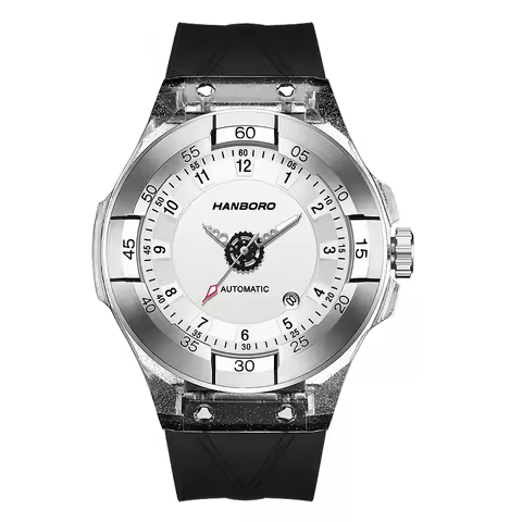 HANBORO Men Automatic Watch 42mm Mechanical Wristwatch Acrylic Transparent Case 50M Waterproof Lumin