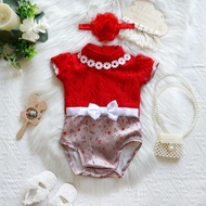 ชุดไทยเด็กหญิงแรกเกิด-9 เดือน สีแดง แบบใหม่ผ้าซาติน ใส่สบาย แต่งลูกไม้