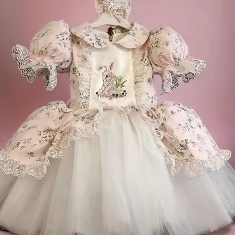 0-12Y Girl Summer Rabbit Embroidery Floral Turkish Vintage Princess Pink Dress for Easter Eid Birthd