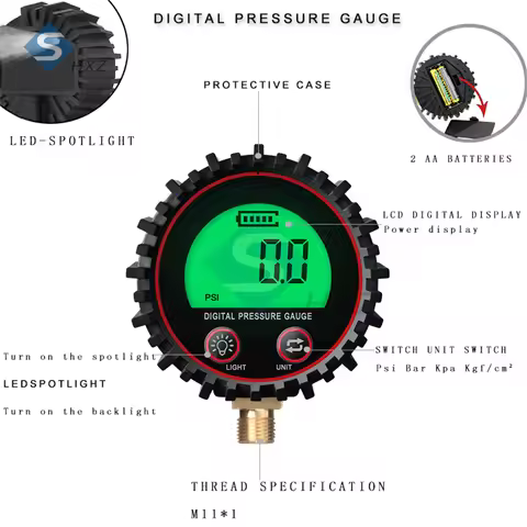 3-255 PSI Digital Pressure Gauge Bar/Kpa/Psi/Kgf 4 Units w/Backlight & LED Light 1/8" NPT, 1/4" M11 