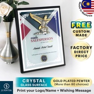 (JS Pewter) 6.5"x8.5" Crystal Wood Plaque | Gold Plated Pewter Eagle | Plak Crystal | Premium Gifts 
