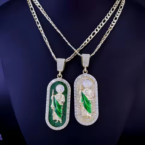 1 Piece 14K Gold Plated Green St. Jude San Juads Pendant Women's Necklace Religious Jewelry