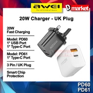 Awei PD60 20W Fast Charging Charger Adapter USB Wall Charger Awei PD61 20W Charger Adaptor UK 3 Pin 