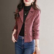 S-4XL Women Blazer Jacket Short Plaid Check Slim Loose Spring Autumn Fashion Casual Elegant Business Office Work Suit Plus Size Red