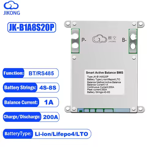 JK SMART BMS JK-B1A8S20P 1A Active Balance for Lifepo4 Battery 4S 5S 6S 7S 8S 200A 48V 60V BT Li-Ion