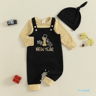 New Year Baby Boy 3 Piece Outfits Cute Long Sleeve Round Neck Striped Jumpsuit Letter Embroidery Ove