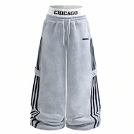 Men's Plus Size Winter Pants, "Chicago" Print, Double Waistband Color Block Loose Fit Streetwear Dra