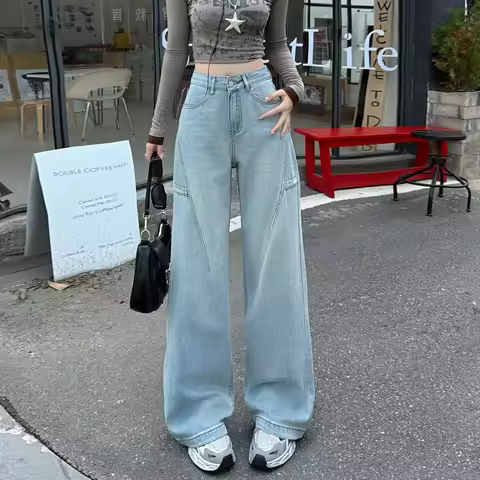 Womens Clothing Casual Y2K High Waist Straight Leg Jeans Relaxed Fit Wide Leg Trousers Lazy Women's 