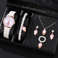 6PCS/Set Geneva Women Watch Heart Pearls Jewelry Set Casual Silicone Band Female Quartz Wrist Watch